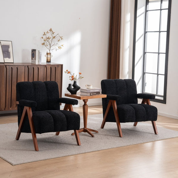 English Elm Mid-century Modern Chenille Lounge Chair Set Oak Frame Cloud Silhouette Living Room Black W1170S00051