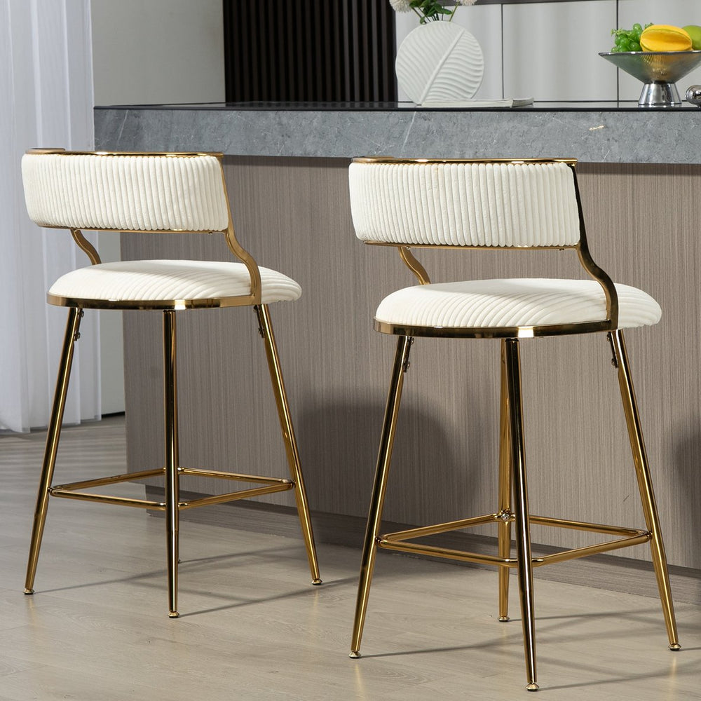 English Elm (SET of 2) 26" Counter Bar Stools Corduroy Beige with Backrest, Gold Chrome Base & Footrest, Plush Seat W2215P195291