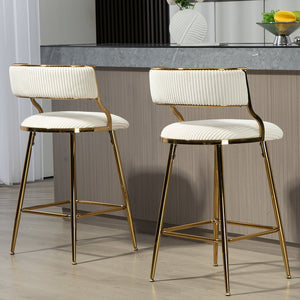 English Elm (SET of 2) 26" Counter Bar Stools Corduroy Beige with Backrest, Gold Chrome Base & Footrest, Plush Seat W2215P195291