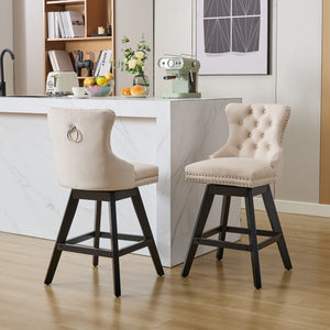 English Elm Swivel Velvet Barstools with Tufted Button Back, 360° Rotate, Plush Foam & Rubberwood Frame Beige W1143P241329