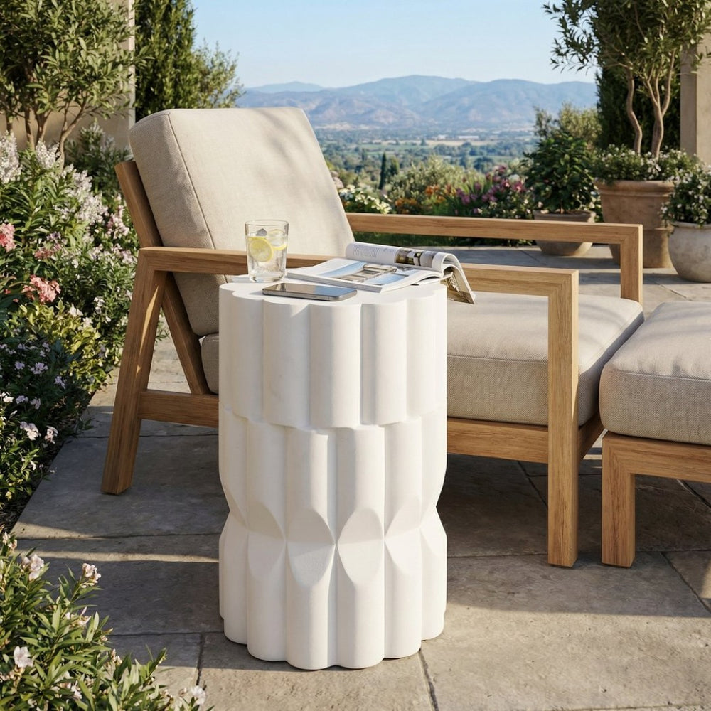 English Elm 13 Inch Handmade Mgo Geometric Side Table Sculptural Matte Accent for Indoor Outdoor White N772P390780W