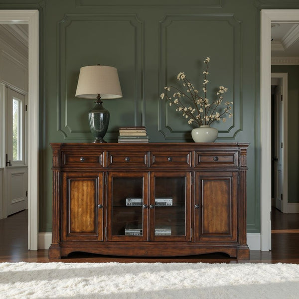 English Elm Parliament Traditional Hardwood Media Console with Bronze Hardware and Glass Doors B108P468547