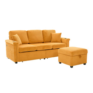English Elm UNITED Corduroy L-Shaped Sectional Sofa with Storage Ottoman, USB Ports, Cup Holders & LED Lighting Mustard yellow W1568P332403