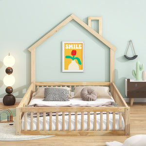 English Elm Wood House Platform Bed Full Size with Guardrail & Playful Frame, Sturdy Pine, Kid-Safe Design Natural N709P171852M