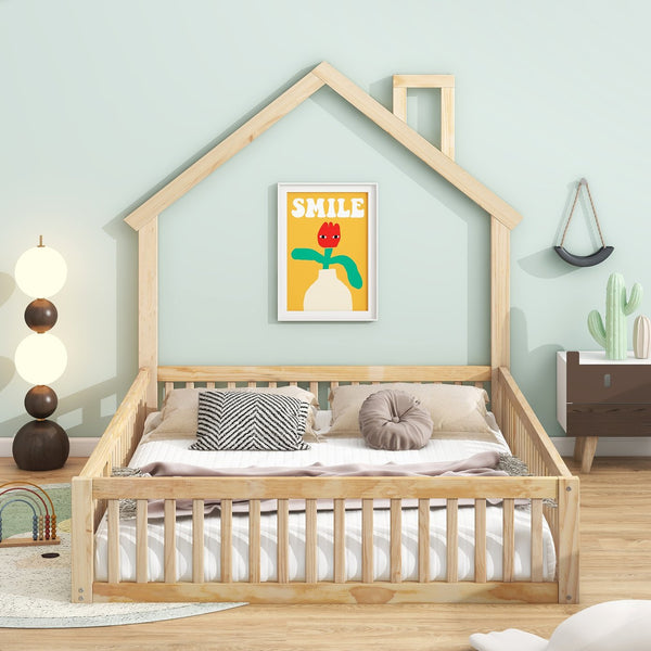English Elm Wood House Platform Bed Full Size with Guardrail & Playful Frame, Sturdy Pine, Kid-Safe Design Natural N709P171852M