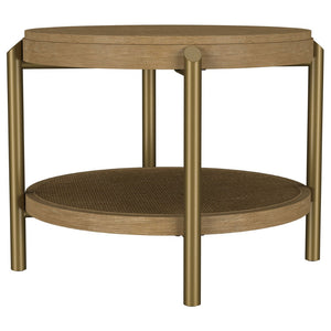 English Elm Benson Round Coffee and End Table Set with Brass Legs Rattan Shelf Accent Sand B062S01402