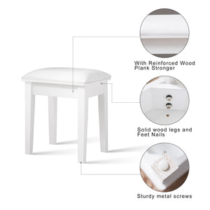 English Elm Vanity Stool with Cushion and Solid Wood Legs, White Finish — Comfortable PU Seat, Stable 264lb Load W3128P257656