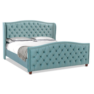 English Elm Marcella Upholstered Shelter Headboard Bed Set, King, Arctic Blue Velvet