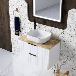 English Elm 32-Inch Wall-Mounted Bathroom Vanity: Modern White Cabinet, Solid Wood Top, Double Drawer Storage W3151S00012