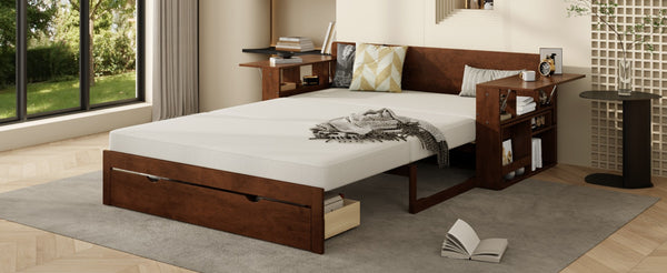 English Elm Full Size Daybed with Hydraulic Desk Armrests Storage Drawer and Sofa Seating Espresso LT000271AAP