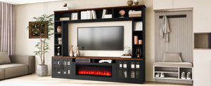 English Elm U-can Modern Farmhouse Wall Unit with Electric Fireplace Bookshelves and Glass Cabinet Doors Black+Brown SJ000153AAAB