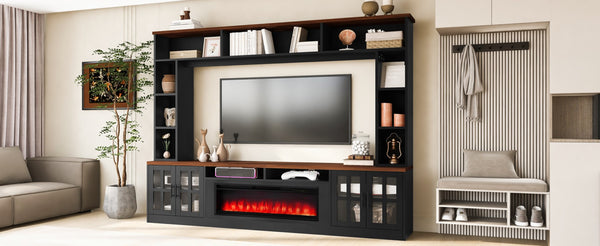 English Elm U-can Modern Farmhouse Wall Unit with Electric Fireplace Bookshelves and Glass Cabinet Doors Black+Brown SJ000153AAAB