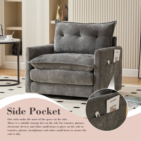 English Elm UNITED Swivel Barrel Chair with Chenille Upholstery, 360° Smooth Rotation, Padded Arm Comfort and Side Pockets for Living Room Relaxation Gray W1568P290087