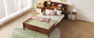 English Elm Full Pine Wood Bed with Bookcase Headboard, LED Motion Sensor, Guardrails & Ample Walnut Storage W504P281004