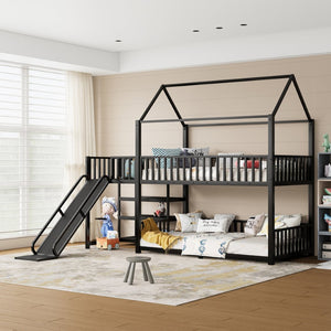 English Elm Full Metal House Bunk Bed with Slide Storage Stairs and Safety Rails for Kids W1580S00344