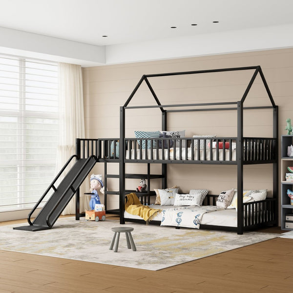 English Elm Full Metal House Bunk Bed with Slide Storage Stairs and Safety Rails for Kids W1580S00344