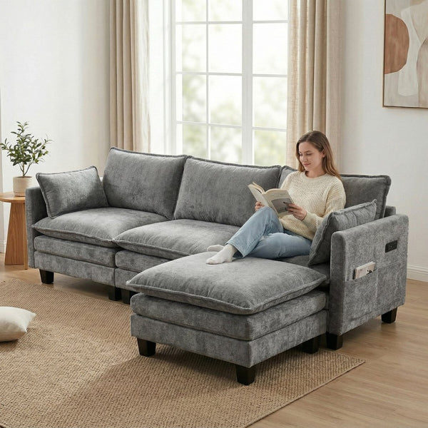 English Elm Modern Chenille Three Seat Sofa with Ottoman Usb Charging Ports and Storage Pockets Dark Grey W2519S00003