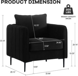 English Elm Accent Velvet Armchair Mid-century Modern Plush Seat with Metal Legs for Any Room Black W3244P325834