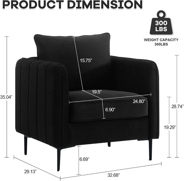 English Elm Accent Velvet Armchair Mid-century Modern Plush Seat with Metal Legs for Any Room Black W3244P325834