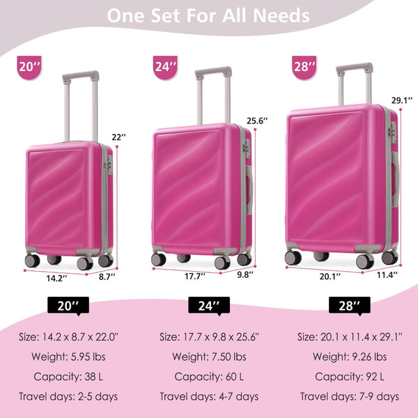 English Elm Luggage 3 Piece Hardshell Abs Set with Spinner Wheels Tsa Lock Travel Ready Pink N730P304620P