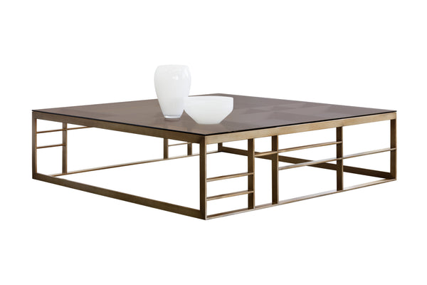 Sunpan Martha Oversized Square Coffee Table - Luxurious Antique Brass Base & Rich Brown Glass Top Design
