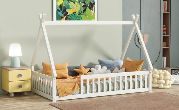 English Elm Twin Teepee Floor Bed With Guardrails - Cozy, Modern Design For Safe Independent Sleep Space W504P345776-GIGA