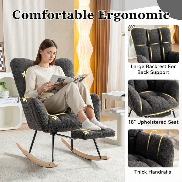 English Elm 067-teddy Fabric High Back Nursery Rocking Chair with Adjustable Footrest and Storage Pocket Dark Gray W527P420906