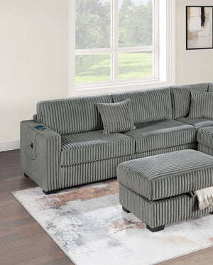 English Elm Smoke 3-Piece Corduroy Sectional Sofa Set with Reversible Chaise, USB & Storage Ottoman, Pillows Included B011S01774