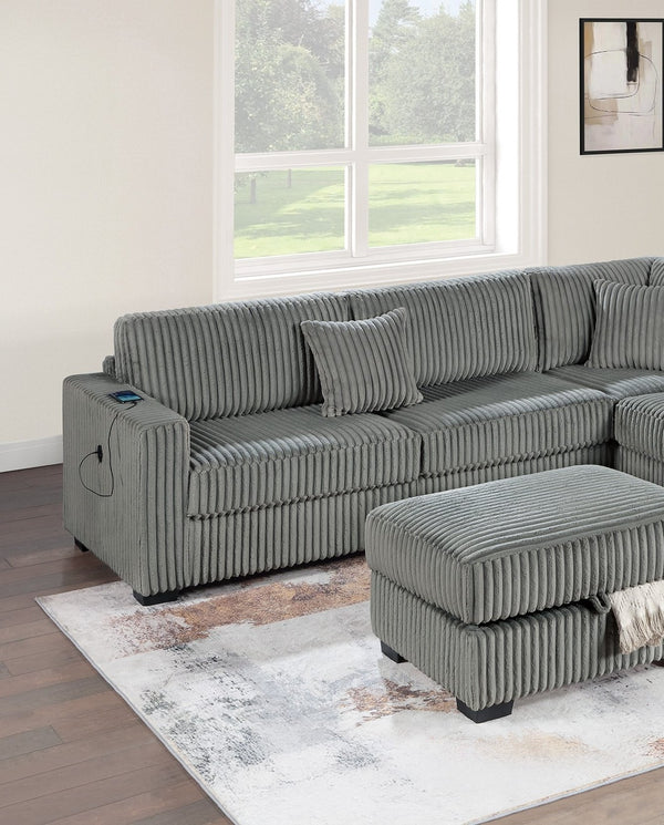 English Elm Smoke 3-Piece Corduroy Sectional Sofa Set with Reversible Chaise, USB & Storage Ottoman, Pillows Included B011S01774