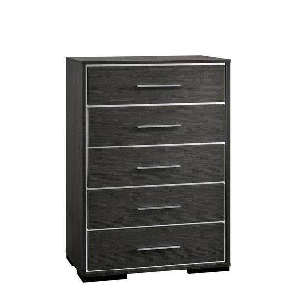 English Elm Contemporary Chic Five-Drawer Chest with Chrome Legs, High-Gloss Coating, Smooth Modern Design Warm Grey 37 L x 20 W x 53 H B2741P368142