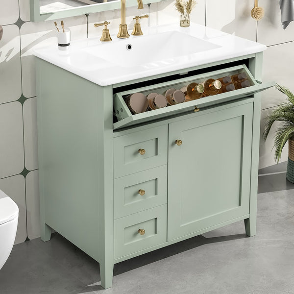 English Elm 30-Inch Contemporary Bathroom Vanity with Sink, MDF & Rubberwood, Glossy Finish, 3 Drawers + Cabinet Green N725P350819F