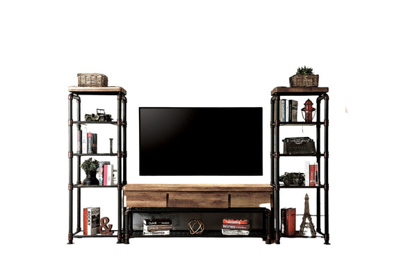 English Elm Industrial 60" TV Console with Pipe Frame, Wire Mesh Shelves, Drawer & Rustic Wood Storage Finish B2741S00473