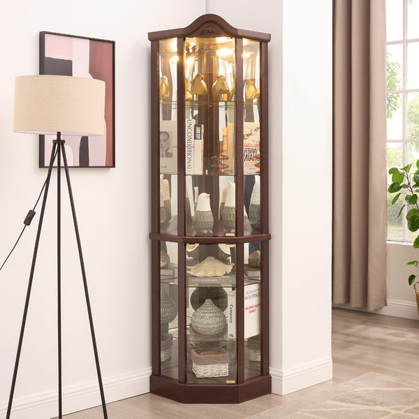 English Elm Lighted Corner Curio Cabinet With Adjustable Shelves, Carved Cherry Finish, Ideal For Home Display W1758P300127