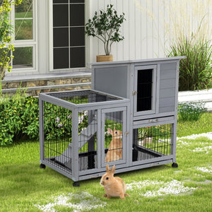 English Elm Detachable Two-tier Pine Rabbit Hutch with Rolling Casters and Removable Waste Trays White+Gray W2181P190614