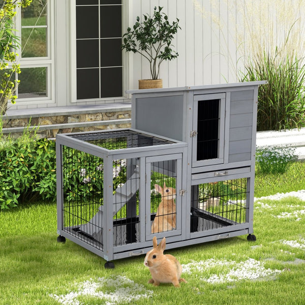 English Elm Detachable Two-tier Pine Rabbit Hutch with Rolling Casters and Removable Waste Trays White+Gray W2181P190614