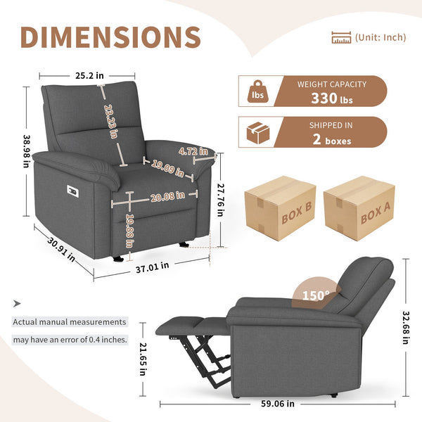 English Elm Wall Zero Wall Power Recliner Chair with Overstuffed Backrest, USB Type-C Charging Port, Space-Saving Electric Recliner for Small Rooms Dark Gray W1028S00055