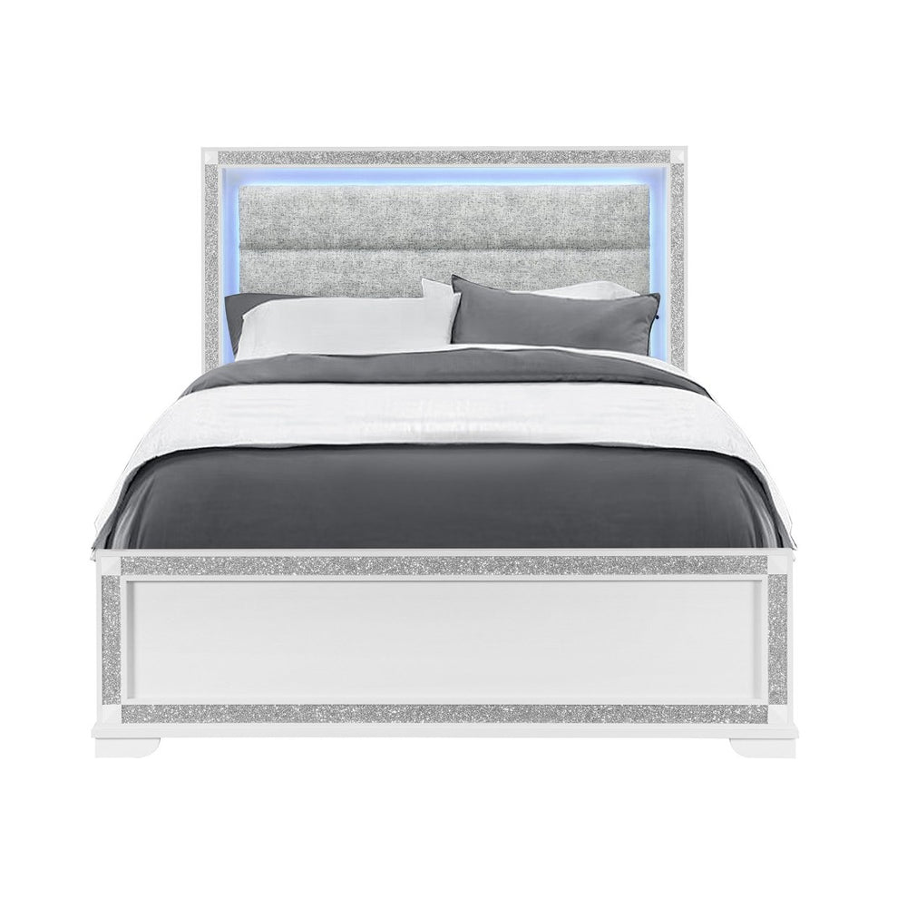 English Elm Soulmarie Upholstered Queen Bed with Led Lighting Padded Headboard Glam White Frame B201S00454