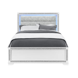 English Elm Soulmarie Upholstered Queen Bed with Led Lighting Padded Headboard Glam White Frame B201S00454