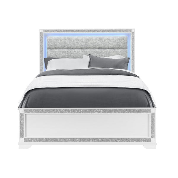 English Elm Soulmarie Upholstered Queen Bed with Led Lighting Padded Headboard Glam White Frame B201S00454