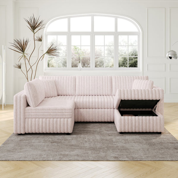 English Elm 106.3" Soft U-Shaped Sofa For 4 - Stylish Light Pink Modular Design With Hidden Storage & Washable Cushions W1767S00021