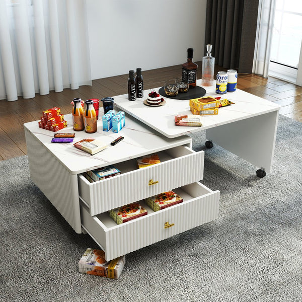 English Elm Extendable Modern Swivel Coffee Table with Marble Top, 2 Drawers, Rotating Expandable Design and Wheels W331P286652