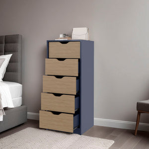 English Elm Kronos Five-Drawer Dresser in Blue & Natural Oak — Modern Storage, Spacious Drawers, Sleek Bedroom Accent B062P402106