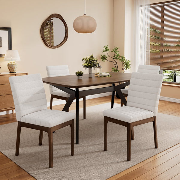 English Elm Christopher Knight Home® - 5-Pieces Upholstered Dining Set with Rubberwood Frame — Mid-Century Modern Fabric Chairs & Table 59" Black + Dark Walnut,Light beige 73471.00LBGE_4_N768P247991W