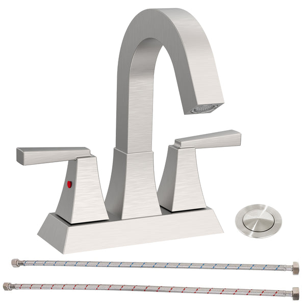 English Elm Bathroom Sink Faucet Brushed Nickel 2-Handle, Modern 4-Inch Center-Set Vanity With Drain & Supply Lines T3177P277479
