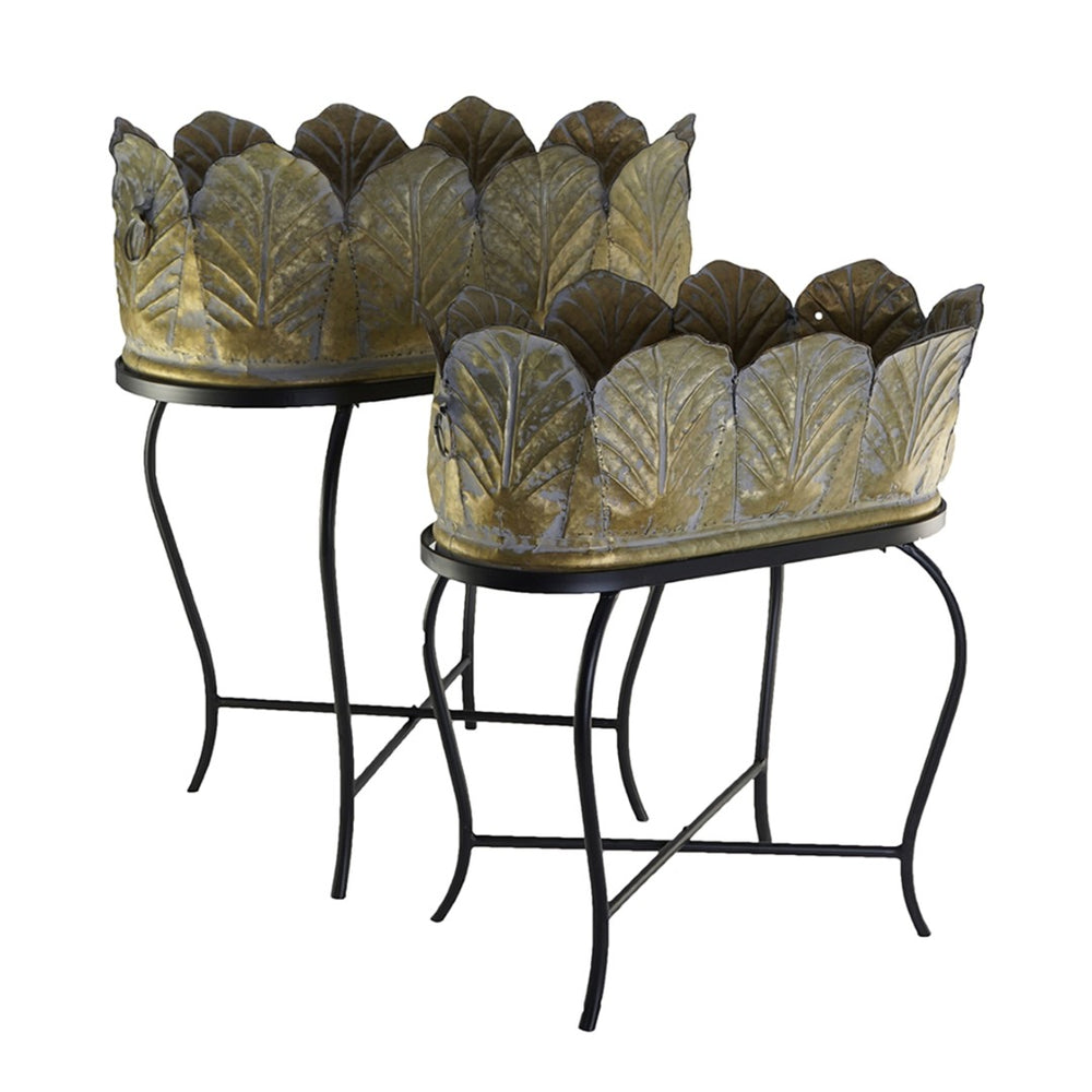 English Elm Set of 2 Distressed Iron Leg Metal Planters Vintage Farmhouse Style Home Decor W2078P498320