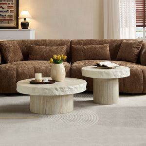 English Elm 31.69 Inch Round Fiberglass Coffee Table Sculptural Stone Finish for Modern Living Room W876P450501