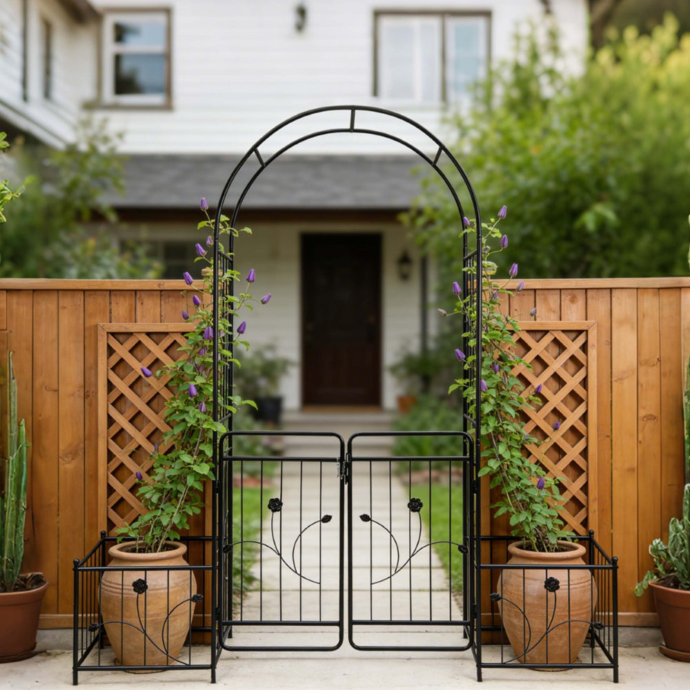 English Elm Metal Garden Arch with Planter Stands Powder Coated Steel Climbing Rose Support W158681132
