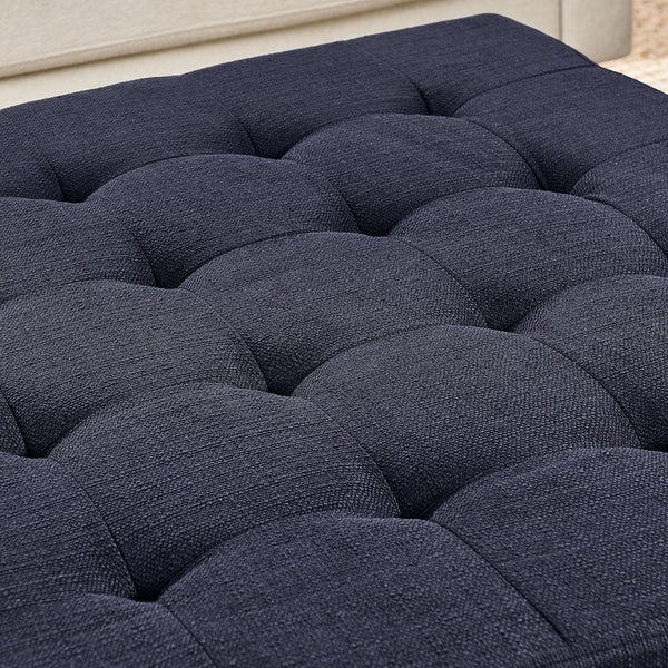 English Elm Upholstered Tufted Linen Square Ottoman Coffee Table with Solid Beech Shelf, 33.5" Large Seat Storage Navy Blue W2353P183873