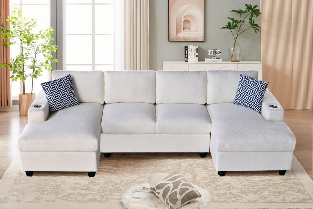 English Elm Multifunctional Corduroy Modular Sectional with Dual Chaise Cup Holders Living Room Beige B2730S00070