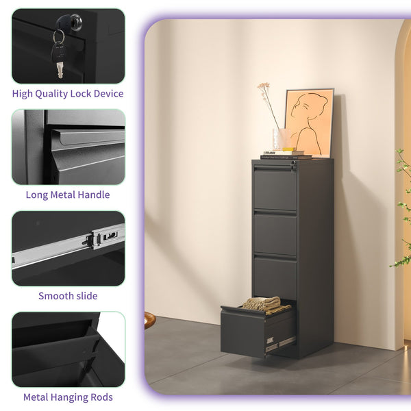 English Elm 4 Drawer Metal Vertical File Cabinet with Lock, Heavy-Duty Steel, Full-Extension Drawers, Anti-Tilt Safety Black T2398P154421